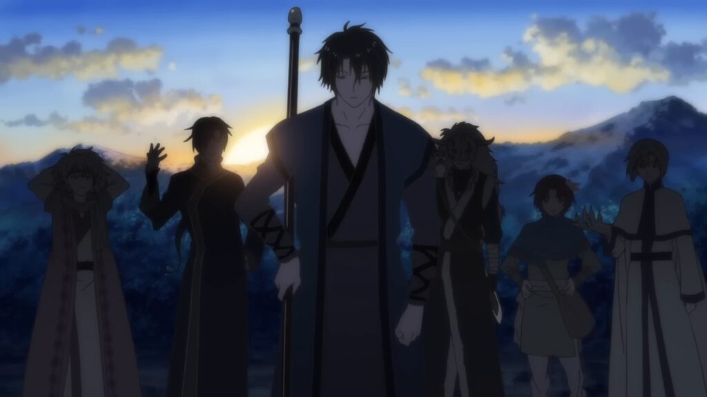 Silhuetas de Hak, apoiado na lança, e dos companheiros de viagem de Yona no alto de um morro, com o sol nascendo atrás das montanhas, em cena do anime Yona of the Dawn