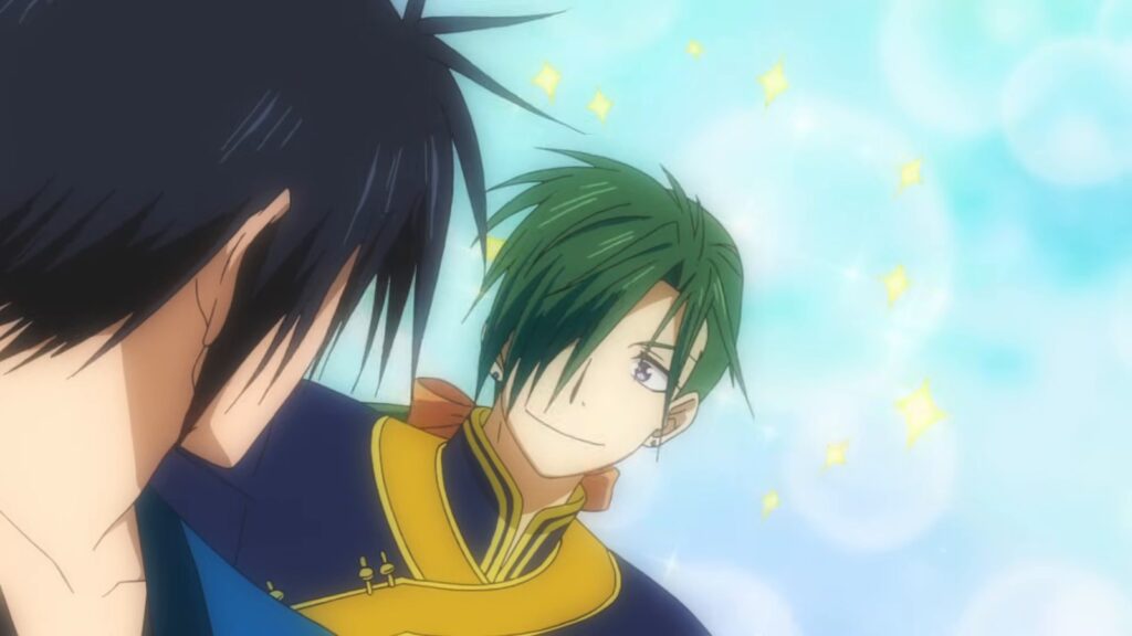 Hak, de costas e cabelo preto, encara Jae-ha, o Dragão Verde, de cabelo verde e roupa amarela, num fundo azul brilhante, em cena do anime Yona of the Dawn