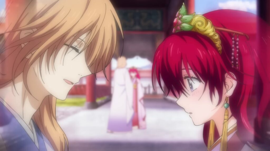 Su-won, de cabelo loiro, sorri para a prima Yona, que o olha corada no palácio, em cena do anime Yona of the Dawn