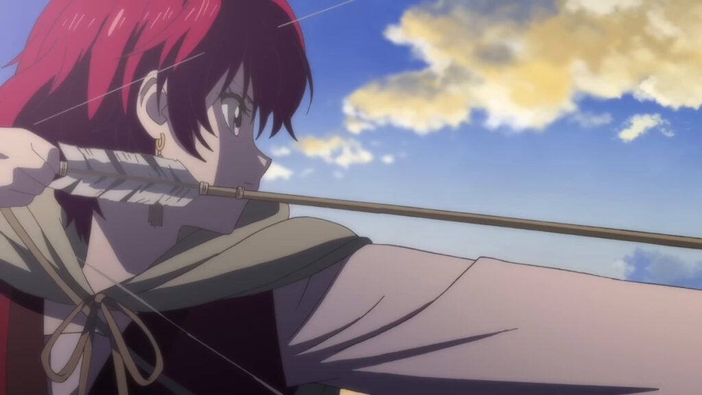 Yona, de capa clara e cabelo vermelho curto, puxa a corda de um arco e mira uma flecha contra o céu, em cena do anime Yona of the Dawn
