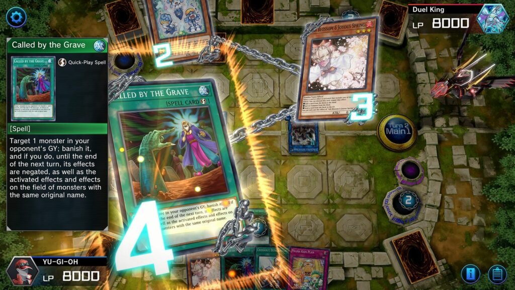 A carta Called by the Grave é ativada no meio de um duelo de Yu-Gi-Oh! Master Duel, com contagem de efeitos na tela