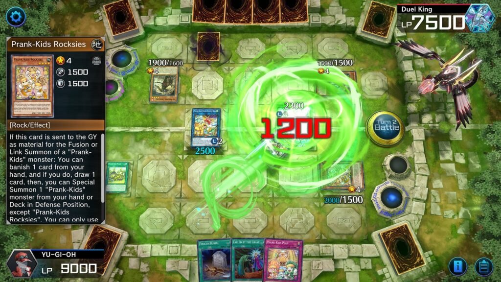Campo de duelo de Yu-Gi-Oh! Master Duel, com um efeito verde girando sobre as cartas e 1200 pontos de dano em vermelho
