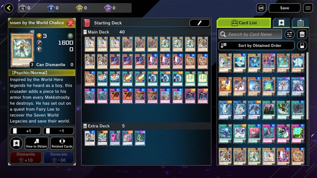 Tela de montagem de deck de Yu-Gi-Oh! Master Duel, com as cartas do deck principal e do deck extra