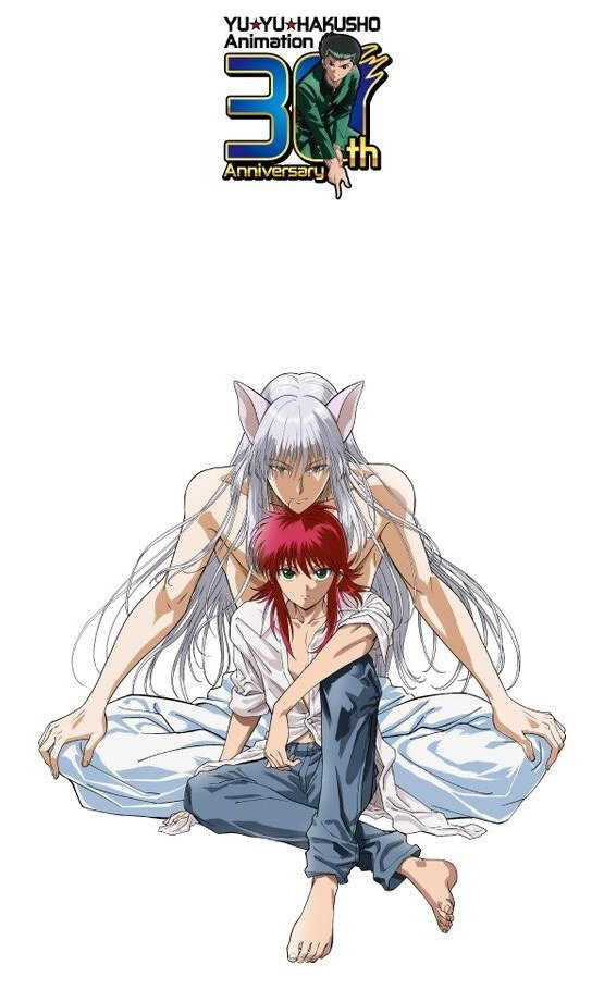 Kurama sentado diante de Youko Kurama, de cabelos prateados, na ilustração oficial dos 30 anos do anime YuYu Hakusho