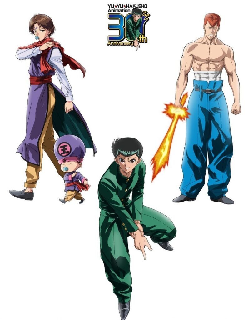Yusuke agachado, Kuwabara com a espada espiritual e Koenma nas formas adolescente e bebê, na ilustração oficial dos 30 anos do anime YuYu Hakusho