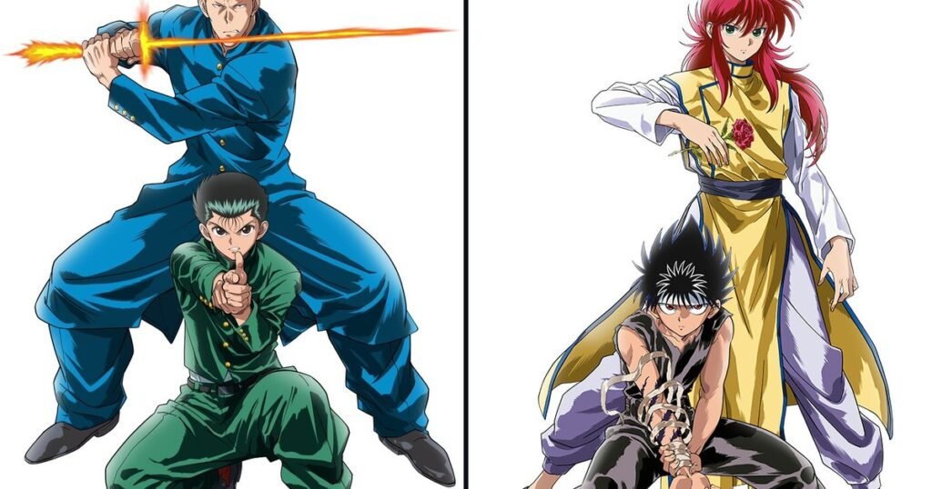 Yusuke e Kuwabara, com a espada espiritual, ao lado de Kurama e Hiei, nas ilustrações oficiais dos 30 anos do anime YuYu Hakusho