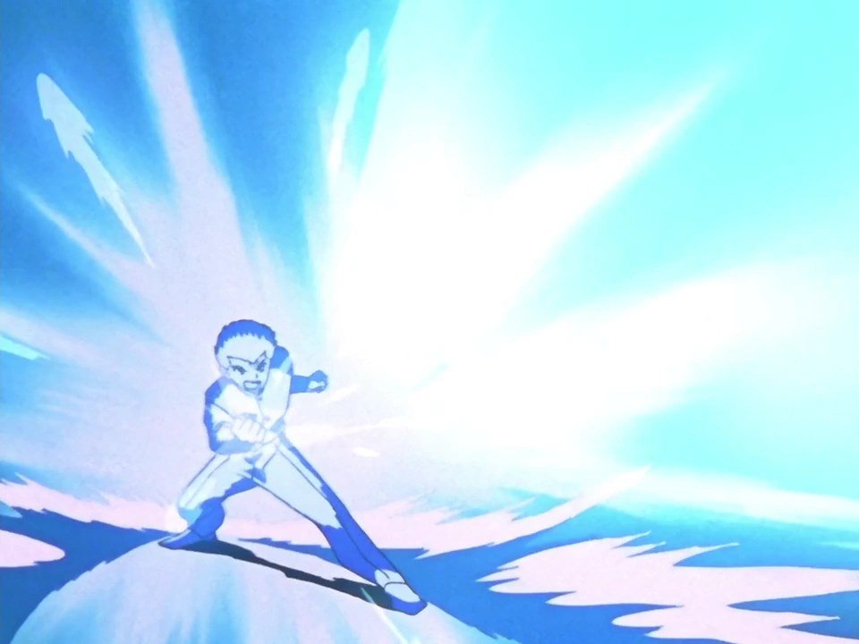Yusuke Urameshi dispara uma rajada de energia espiritual em Yu Yu Hakusho