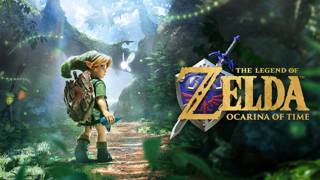 Arte oficial do remake de The Legend of Zelda: Ocarina of Time, com Link criança na Floresta Kokiri