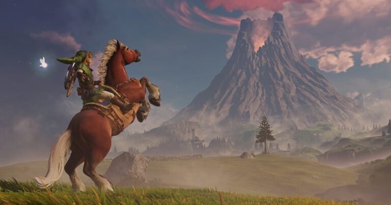 Link montado em Epona diante da Montanha da Morte, no remake de Ocarina of Time