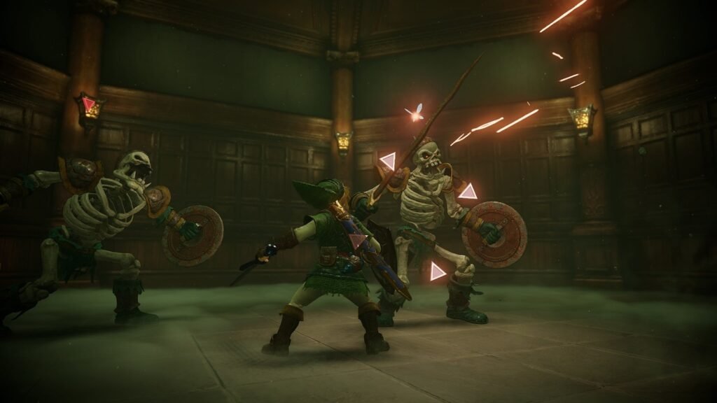 Link adulto enfrentando dois Stalfos em uma sala de templo