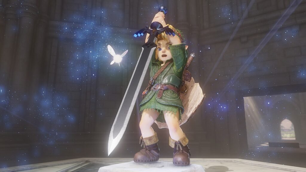 Link criança segurando a Espada Mestra no pedestal do Templo do Tempo, com Navi ao lado