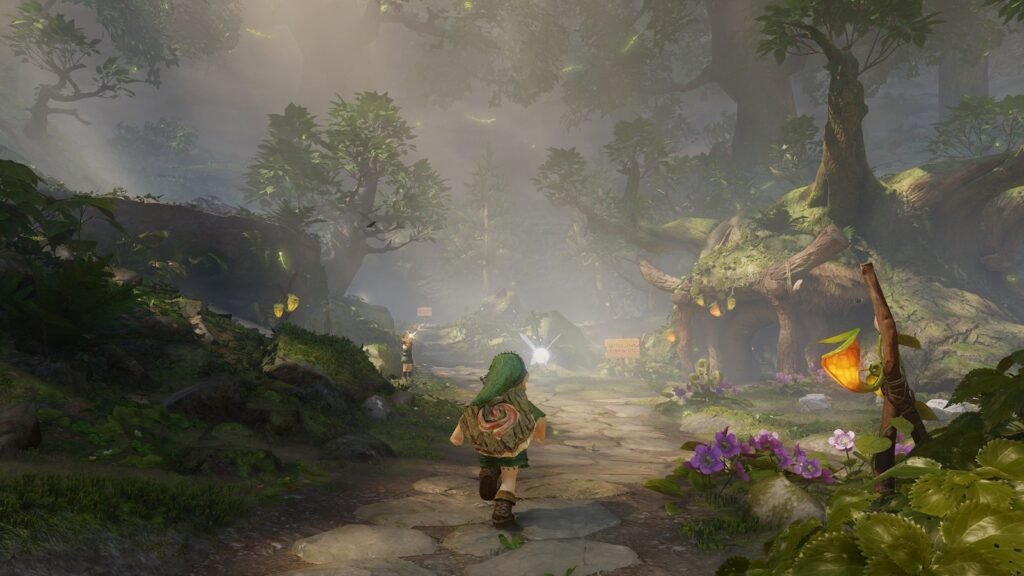 Link criança e a fada Navi caminhando pela Floresta Kokiri refeita para o Switch 2