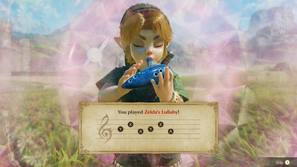 Link criança tocando a ocarina, com as notas da Canção de Zelda na tela